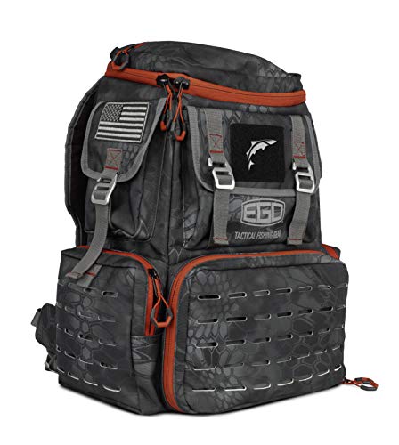 EGO Kryptek Tackle Box, Fishing Pack with 4 Accessory Trays, Water Resistant PVC, Multiple Storage Pockets, Tool Bag, G-Hook Closure System