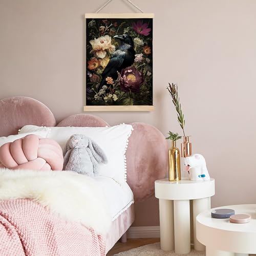 Image of PQKIY Dark Gothic Floral Raven Wall Art Poster Hanger Frame 12x16 in, Vintage Dark Cottagecore Moody Botanical Flower Crow Wall Decor Canvas Prints for Home Bedroom Living Room