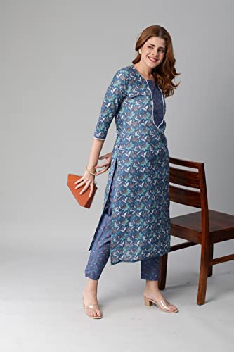 Image of GoSriKi Women's Cotton Blend Printed Straight Kurta With Pant