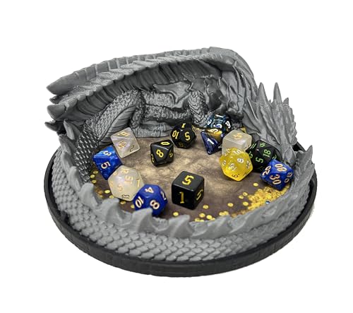 MunnyGrubbers - Dragon's Hoard Dice Tray - V2 - (Random 7pc D20 Dice Included) - Dice Jail - Dice Holder - Neoprene Rolling Mat - DND Gift - D&D Gift - Dungeons and Dragons Gift - D&D - (Silver)
