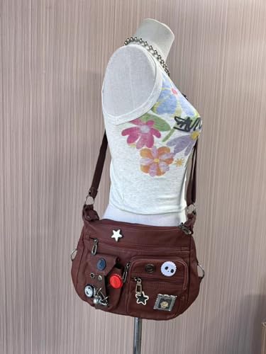 vintage y2k crossbody bag for women- adjustable strap retro button design multi-pocket pu leather bag