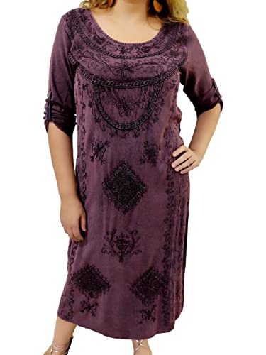 Vestido Longo Indiano Estonado Manga Longo Bordado Viscose