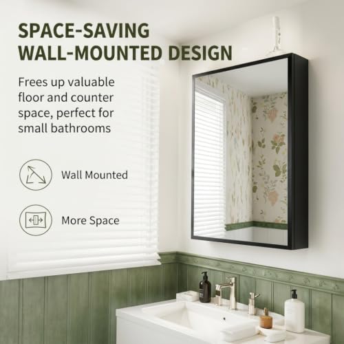 Image of Black Bathroom Medicine Cabinet with Mirror, Wall Mounted Mirror Cabinet