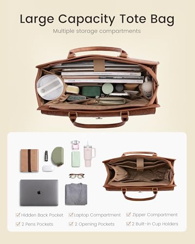 Image of LOVEVOOK Laptop Tote Bag for Women, PU Leather Work Bag, Teacher Tote | with Large Cup Holder, Waterproof Vintage Briefcase for Business Travel & Commute, Magnetic Snap, Padded Laptop Pocket