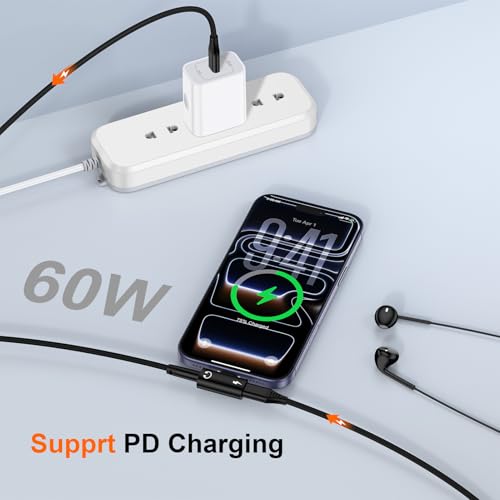 USB C Klinke Adapter und Laden, 2in1 Typ C auf 3.5mm Kopfhörer Adapter Audio Jack Aux Kabel 60W Schnellladung für iPhone 17 16 Pro Max/16 Plus/16/15 Pro, Samsung Galaxy S25 S24 S23 S22 S21 S20 usw