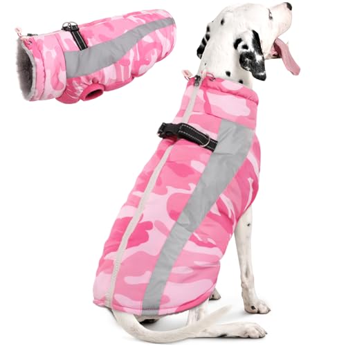 FUAMEY Dog Winter Jackets for Large Dogs,Dog Coat with Harness Built in,Waterproof Dogs Snowsuits Warm Pet Jacket Zip Up Fleece Cold Weather Coats Reflective Puppy Vest with Pocket Blue 3XL