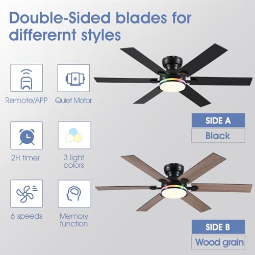 Image of 52 inch RGB Ceiling Fans with Lights and Remote /APP,Black Low Profile Ceiling Fans with Quiet Reversible DC Motor,Modern Flush Mount Fans Light for Bedroom Kids Room