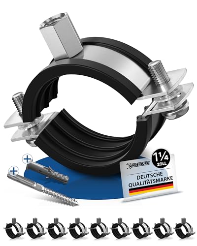 GARSIDURO® Profi Rohrschellen | 1 1/4 Zoll (38-43mm) 10 Stück | mit passenden Stockschrauben und Dübeln | Schraubrohrschellen Stahl verzinkt mit Gummieinlage zur Rohrbefestigung Rohrhalterung | 1 1/4'