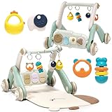 Jovow 2 in 1 Baby Gym with Walker,Baby Play Mat with 4 Infant Learning Sensory,Double-Sided Multifunctional Removable Play Piano Panel,Sit-to-Stand Learning Walker for 0-24 Months Boy Girl [White]
