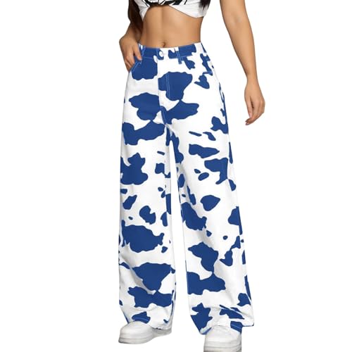 Pantalon jean droit imprimé vache décontracté et ample à coupe haute confortable