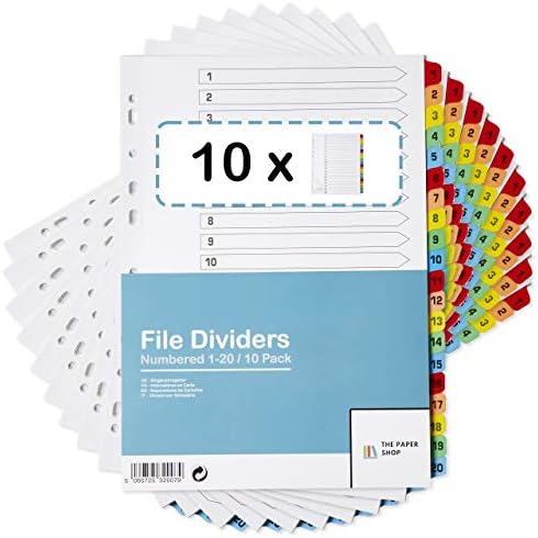 [10 Pack] A4 File Dividers 20 Part Numbered 1-20 | A4 Subject Dividers 20 Part Numbered 1-20 with Multipunched Reinforced Colour Tabs 150gsm