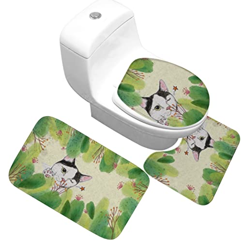 BOJTAN 3 Teilig Badematte Set Katzengrüne Blätter 3D Badematten Set rutschfest, Badezimmerteppich,U-förmiger WC-Vorleger…