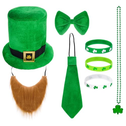 yeabwps 8 Pcs St Patrick's Day Leprechaun Costume Set Irish Green Hat Fake Beard Bow Ties Necktie Clover Necklace Bracelet for Irish Party Supplies