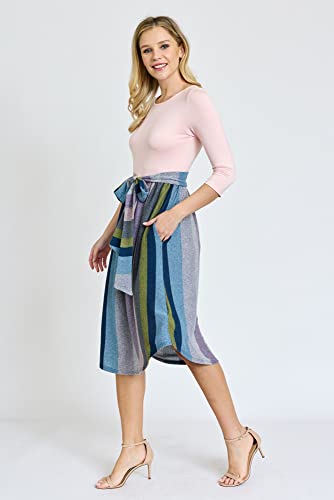 Image of Eloges Women's 3 /4 Sleeve Contrast Waist Band Floral Curved Hem Midi Dress