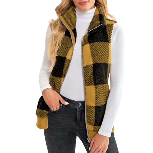 Women's Plaid Fleece Vest Casual Sleeveless Zip Up Winter Warm Sherpa Jacket with Pockets Open Front Cardigan Coat4