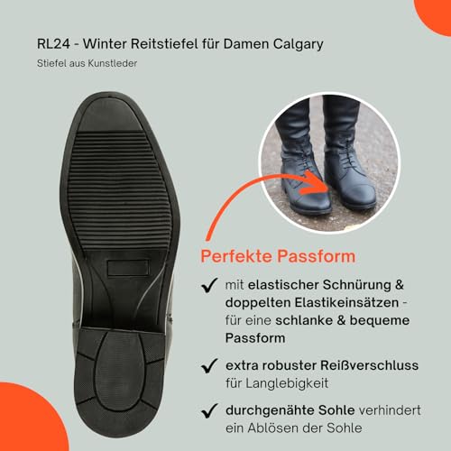 Foto von RL24 - Winter Reitstiefel für Damen Calgary – warme Damenstiefel zum Reiten – Stiefel aus Kunstleder mit Teddyfell & Reißverschluss – Winterstiefel in schwarz – Gr. 38 eng