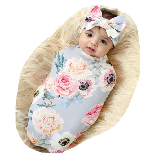 Image of Galabloomer Newborn Receiving Blanket Headband Set Flower Print Baby Swaddle Blankets (Gray Floral)
