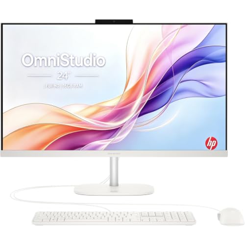 Image of HP OmniStudio 24 inch Full HD All-in-One Desktop Computer, 16GB DDR5 RAM, 128GB UFS Storage, Intel Quad-Core CPU, WiFi 6, Bluetooth 5.4, Keyboard & Mouse, Windows 11