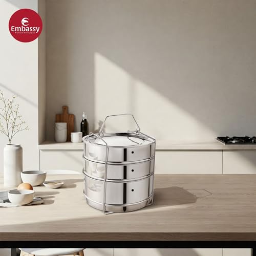 Image of Embassy Stainless Steel Cooker Separator | Suitable for 10 litres Pigeon Outer Lid Pressure Cookers | 3 Containers with Lifter | Dimension - 15x15x21 cm