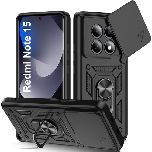 Guisessy Funda para Xiaomi Redmi Note 15 4G/5G Armor Carcasa Cubierta de cámara Deslizante Proteger, con 360 Anillo Soporte PC y Silicona TPU Case, Negro