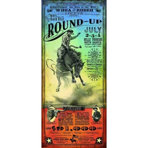 Belle Fourche Rodeo by Bob Coronato Black Hills South Dakota Saddle Bronc Riding Western Art Print Poster Image and Overall Size is 16.875x38.5 Inches
