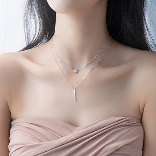 Gargantilla con barra redonda de circonio geométrico multicapa para mujer, collar con colgante, joya de cadena de plata de ley 925