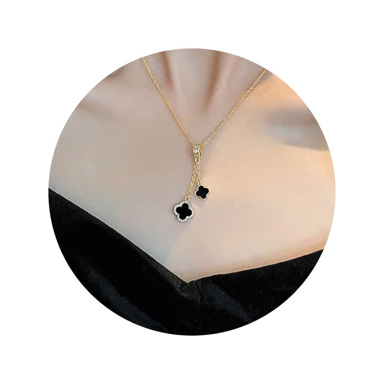 Stainless Steel Double Pendant Clover Necklace with Cubic Zirconia Beads Necklace for Women- Gold Plated- 16 inches to 18 inches Adjustible Chain- a Touch of Glamour. The necklace is perfect for everyday wear or special occasions.4