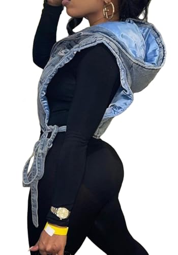 Vaceky Women's Denim Cropped Puffer Vest Sleeveless Zip up Hoodie Jean Jacket Outerwear2