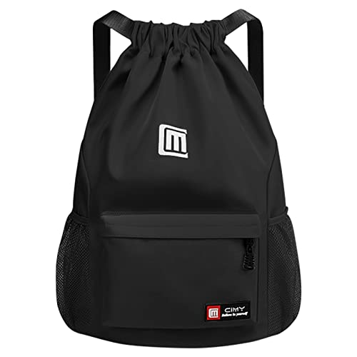 Eucomir Mochilas De Cuerdas, Mochila Deporte Mochila Gym De Malla Agua, Bolsa De Cordón Impermeable De Nylon Bolsa De Gimnasio Cordón Con Cremallera Exterior Para Deportes Vacaciones,Negro