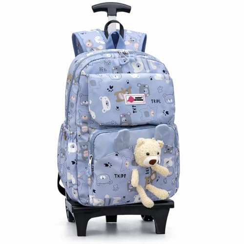 Mochila de carrinho Rodinhas Infantil Imperme?vel e com Grande Capacidade, mochila escolar para crian?as de 6 a 13 Anos (Azul Urso)