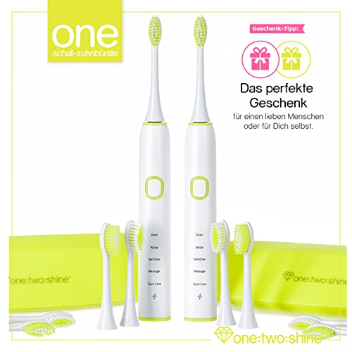 ONE:TWO:SHINE Doppelpack | Schallzahnbürste ONE | 2 elektrische Zahnbürsten mit 8 Aufsteckbürsten + 2 Zungenreinigern + 2 Reise-Etuis + 2 Ladestationen + 2 Netzteilen | lange Akkulaufzeit (Lime-Green) – Bild 6