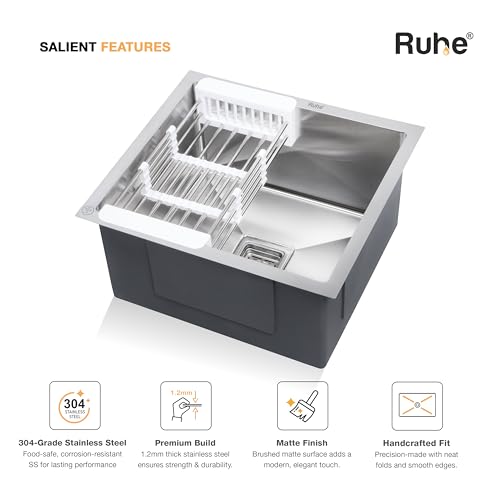 Image of Ruhe Handmade Single Bowl Kitchen Sink - 18x16x10 inches | 304-Grade Stainless Steel Sink with Brushed Matte Finish | Kitchen Sink Including Coupling, Waste Pipe & Vegetable Washing Basket