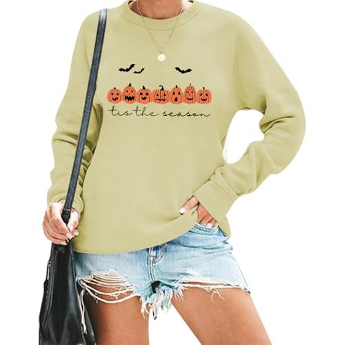 Binval Halloween Sweatshirts Women Pumpkins Shirts Hocus Pocus Tees Tops Fall Holiday Crew Neck Pullover, Apricot, XXL