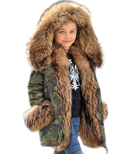 Aox Unisexe Enfants Casual Hiver Fausse Fourrure Hoodies Manteau Épais Chaud Camo Parka Veste en Plein Air Trench Outwear pour Filles Garçons (M/Age 8-9, Green Camo) Cover