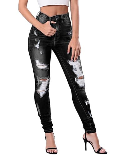 Fengbay Women's High Waisted Skinny Jeans, Black, Size 16, Ankle Length, Distressed, Stretchy Cotton, Regular Fit, High Rise, Perfect for Casual Wear, Nights Out, Vacations