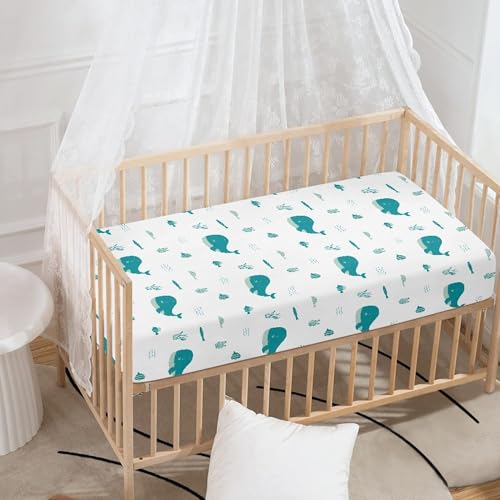 Image of Blue Whale Anemons Fishes Seaweeds Waves Fitted Crib Sheet Blue Whale Baby Crib Sheet Fit Standard Crib and Toddler Mattress,Crib Mattress Sheets for Boys Girls 28 inchx52 inch