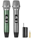 Meloace Rechargeable UHF Wireless Microphones, Two Metal Handheld Microphones with 1/4' Receiver, Plug-and-Play for Speaker & PA System, Karaoke Singsing, Lecture, Stage Performance (Green&Grey)