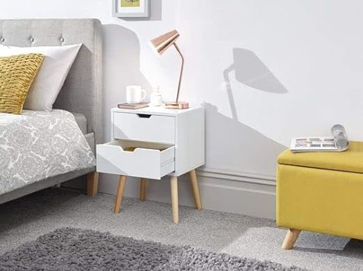 Image of Organizing Nightstand Solid Wood Legs Mid-Century Modern Bedside Table Practical and Simplistic End Side Table with Two Drawers (White)