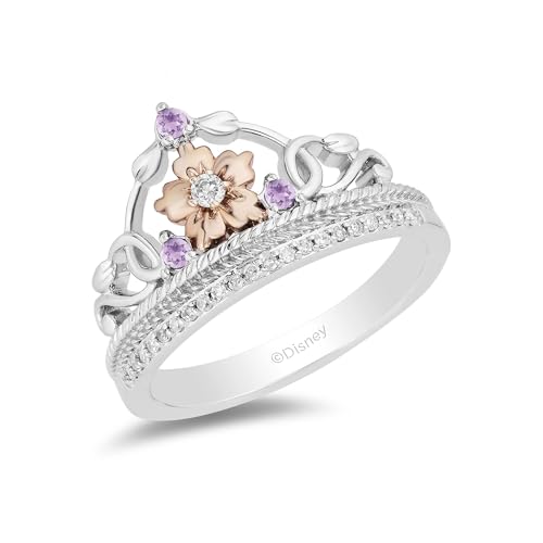 Jewelili Enchanted Disney Fine Jewelry Rapunzel Ring for Women | 14K Rose Gold over Sterling Silver | 2MM Round Rose-de-France & 1/10 CTTW Natural White Round Diamonds | Ring Size 7 | With Gift Box