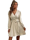 DIDK Damen A Linie Minikleid V-Ausscnitt Langarm Wickelkleid Skaterkleid Volant Ärmel Freizeitkleid Kurz Kleider mit Gürtel Khaki L