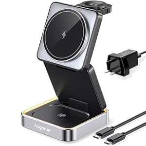 【2025 Upgraded】Magnetic Wireless Charger 3 in 1, Travel Foldable Wireless Charging Station with Night Light for Apple MagSafe Charger, Nightstand Fast 15W Charging Station (20W Adapter)