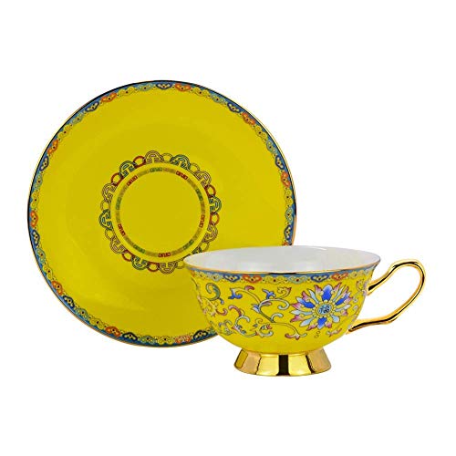 ACOOME Tea or Coffee Cup -Premium Quality Porcelain 6.8 oz Hand-made Yellow Glaze Embossed Tea Cup with Matching Saucer