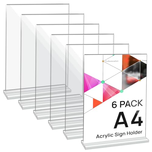 JEFURE 6 Stück Tischaufsteller A4 T-Ständer Klar Acryl Aufsteller Doppelseitiger Preisschilder Flyer Aufsteller Menükartenhalter für Hochzeit Restaurant Büro Cafe
