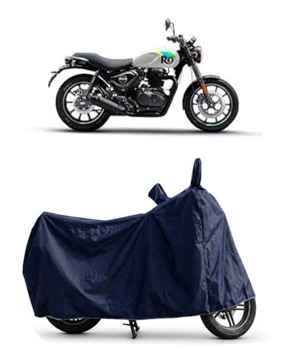 Image of Shield Heavy Duty Bike Cover for Royal Enfield Hunter 350 | All-Season, Tear-Proof Fabric | with Side Mirror Pocket & Buckle Belt | Royal Enfield Hunter 350 Bike Cover (Blue)