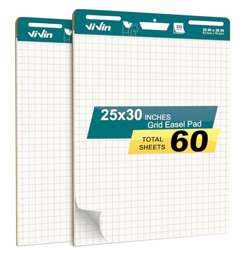ViVin Grid Sticky Easel Pad, 25 x 30 Inches Flip Chart Paper for Teachers and Students, Large Self Stick Easel Paper for School & Office, 30 Sheets/Pad, 2 Pads/Pack