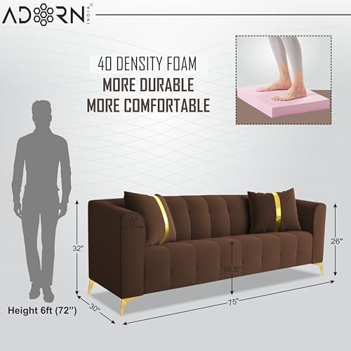 Image of Adorn India Premium Mystic - 3 Years Warranty - 3 Seater Sofa Velvet Suede Fabric - Brown