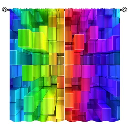 Colorful Rainbow Wall Curtain for Kids, Abstract Brick Window Treatments Modern Geometric Brick Plaid Square Shaped Window Drapes for Girls Boys Bedroom Living Room Playroom W42xL45in(Decor)