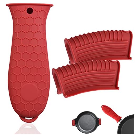 HZMM 3 Pack Silicone Hot Handle Holder, Assist Pan Handle Sleeve Pot Holders Cast Iron Skillets Handles Grip Covers Nonslip Heat Resistant for Pots Enameled Casserole Metal Frying Pans Cookware, Red