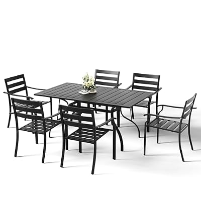 HOMREST 7 Piece Outdoor Patio Dining Set for 6, 63" Rectangular Metal Table with Umbrella Hole and Storage Shelf, Stackable Steel Chairs, Large Patio Furniture Set for Deck/Backyard/Poolside/Garden