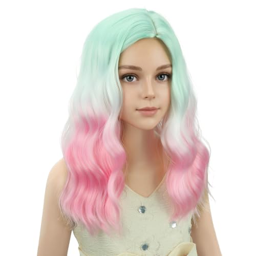 Image of PATTNIUM Rainbow Short Curly Wavy Wigs for Kids Girls Green White Pink Ombre Heat Resistant Synthetic Wig Halloween Cosplay Costume Party Wigs